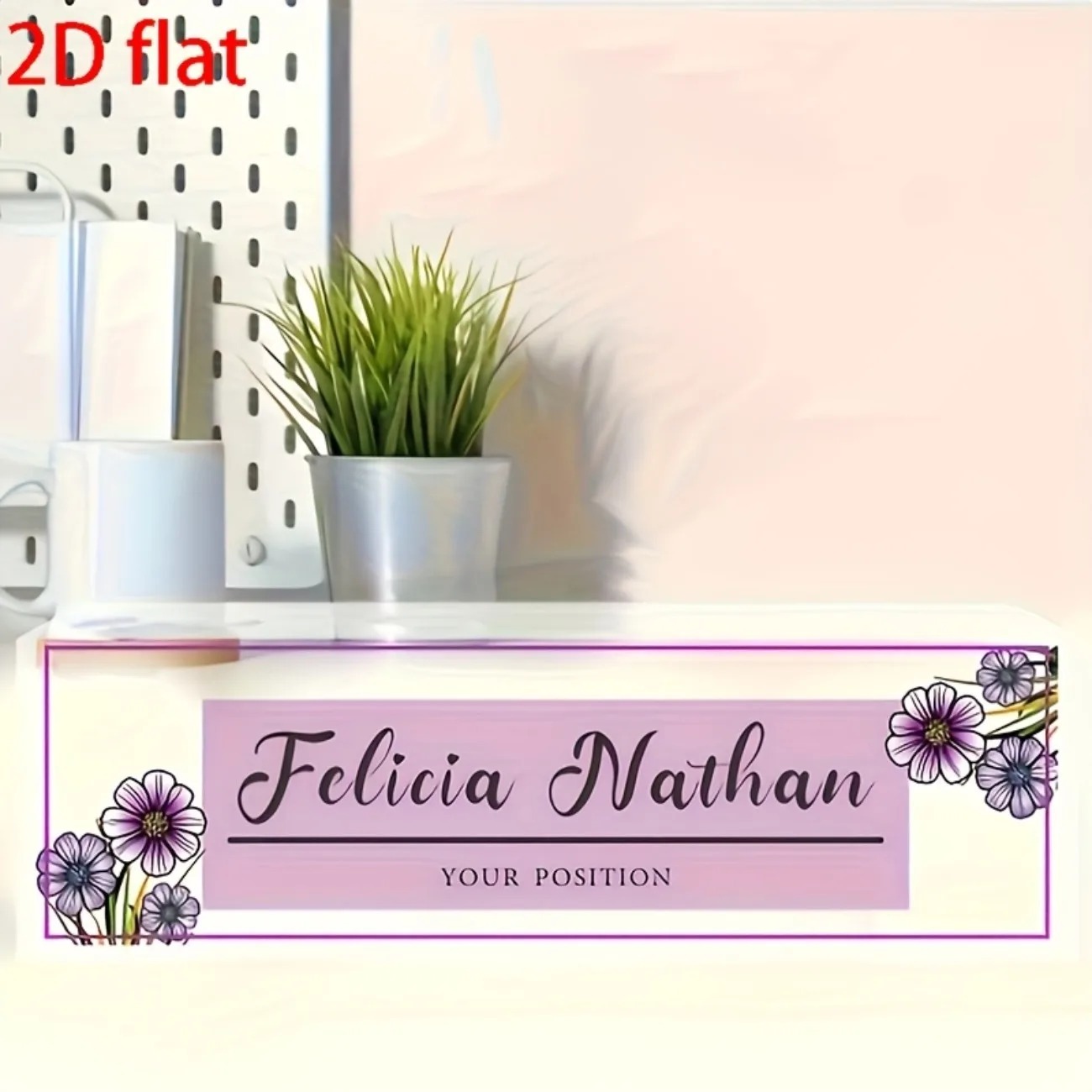 Desk Name Plate - Roze-paarse bloemen-acryl naamplaatje voor op het